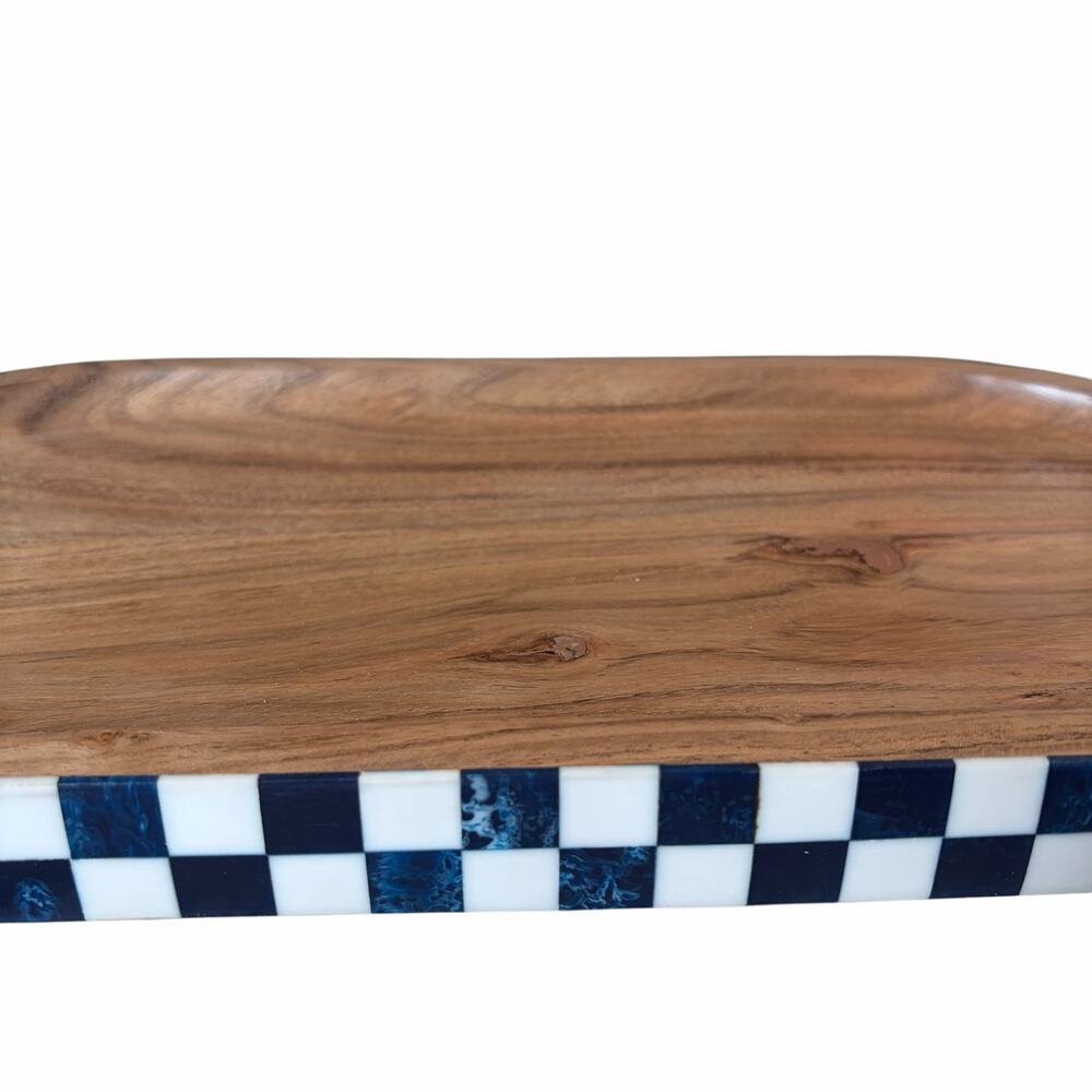 Blue & White Checkered Enameled Mango Wood Serving Tray 14x7 Made In India NEW - Picture 9 of 15